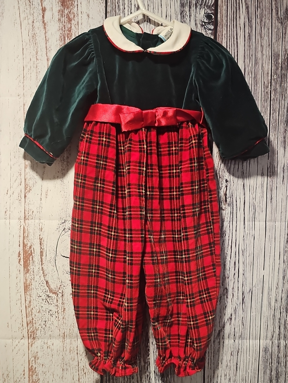 Vintage Green Velvet and Red Plaid Holiday Romper